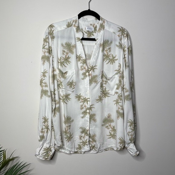 Piyama Palm Tree Tropical Print Maggie sleepwear Top Long Sleeve Button Shirt - Picture 1 of 5